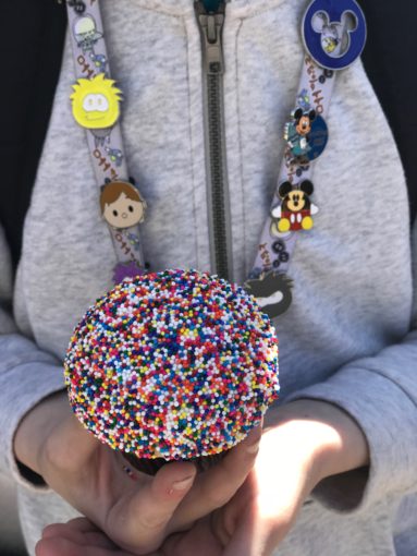 Child wearing Disney Pins holding a cupcake