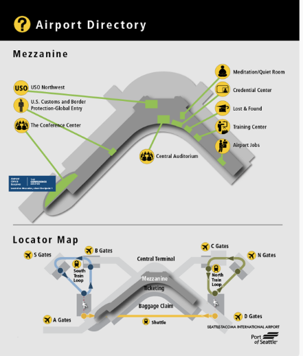 A map of the location of the Quiet Room at SeaTac airport in Seattle, Washington.