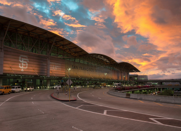 Photo of San Francisco airport at Sunset, photo credit SFO Museum