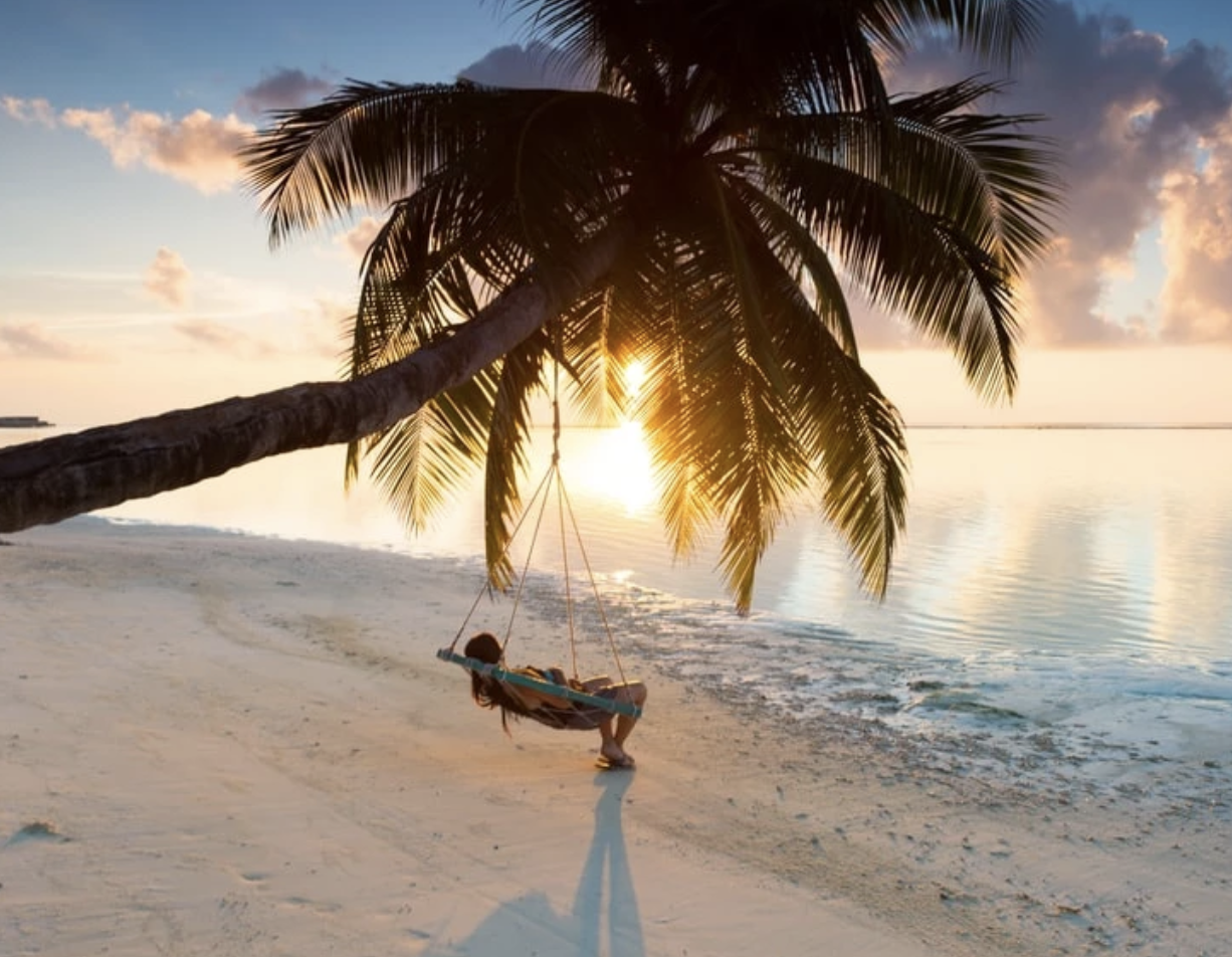 A guest realxes in a hammock by the ocean in a tropical location